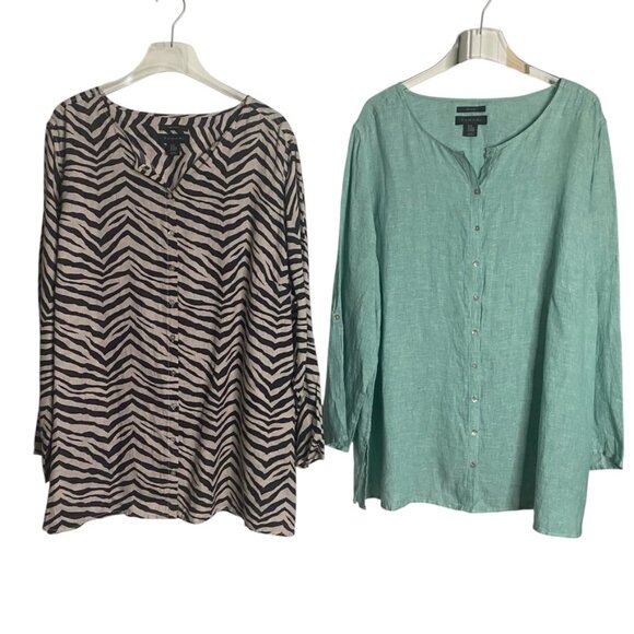 (2) Tahari linen tunic blouses 3X green brown stripe - Picture 2 of 12